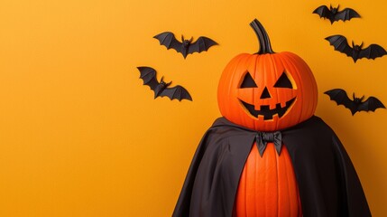 Cartoonish Halloween Decoration: Exaggerated Pumpkin in Vampire Cape with Flying Bats, Copy Space, Ultra HD