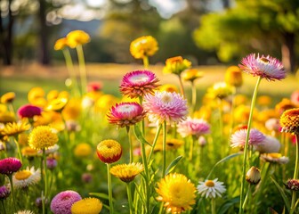 Obraz premium Vibrant strawflower field in Australian countryside blooms with pink and yellow daisies on lush green grass, set against blurred background of sunlit trees.