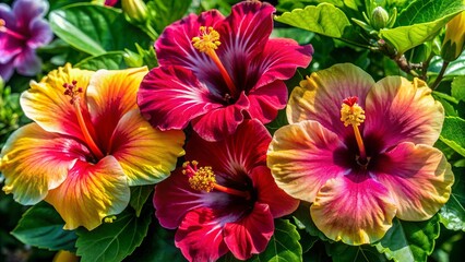Vibrant colorful hibiscus flowers with delicate petals and prominent centers against a clean transparent background, perfect for beauty, wellness, and tropical themed designs.