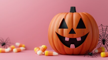 Playful Halloween with Cartoon Pumpkin, Candy Corn, and Spider Webs, Copy Space for Text, Quality