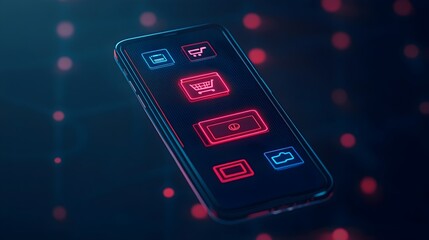 Obraz premium Mobile Phone with Neon Shopping Cart Icons, Online Shopping Concept