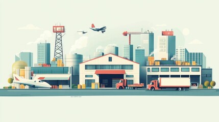 Obraz premium Efficient Logistics and Transportation Hub Showcasing Integrated Supply Chain Solutions Warehouse Management and Seamless Cargo Delivery Processes