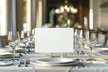 Fototapeta premium A table with a white tablecloth and a white card on it