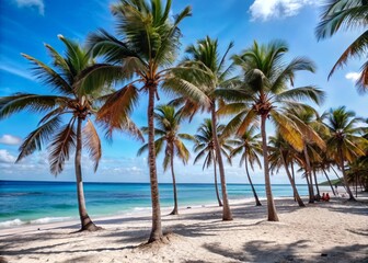 Fototapeta premium Serene tropical beach scene with swaying coconut palm trees, soft white sand, and scattered coconut husks, set against a bright blue cloudless sky backdrop.