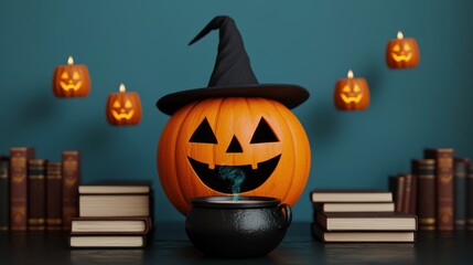 Enchanting Halloween Cartoon Scene with Witch Pumpkin Brewing Potion in Cauldron, Spell Books, Floating Candles |
