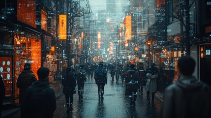 Obraz premium crowded city street with ar overlay showing facial recognition data futuristic interface big data visualization privacy concept