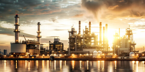 Simple flat vector illustration as Industrial skyline at dusk concept as A dynamic industrial skyline at dusk symbolizing progress and hard work ideal for business presentations needing a clean and pr