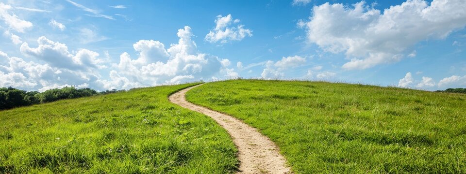  A winding path ascending a grassy hill against a backdrop of a blue sky, dotted with white clouds, and featuring a lush, green foreground