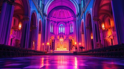 An empty church interior illuminated with pink and blue lights.  The aisle leads to the altar and the pews are empty, creating a sense of peace and tranquility.