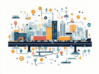 Logistics and Digital Mapping of Transport Routes Flat Design Showcasing Business Technology and Data Visualization for Efficient Supply Chain Management Delivery and Infrastructure Planning