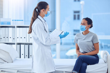 Fototapeta premium Healthcare, woman and doctor with clipboard in consultation, hospital or clinic checkup. Face mask, document and patient with medical professional for pandemic protection for covid compliance or care