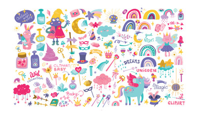 Childrens magic elements. Cute colorful big set with unicorn, rainbow and fairtalles animals. Childish flat vector illustrations collection. Rainy clouds and stars isolated on white background.