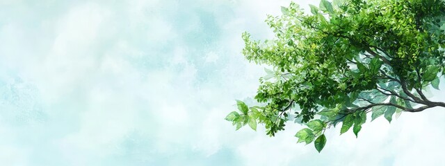 Fototapeta premium A green tree with leafy foliage against a blue backdrop, featuring a white cloud centrally positioned in the frame