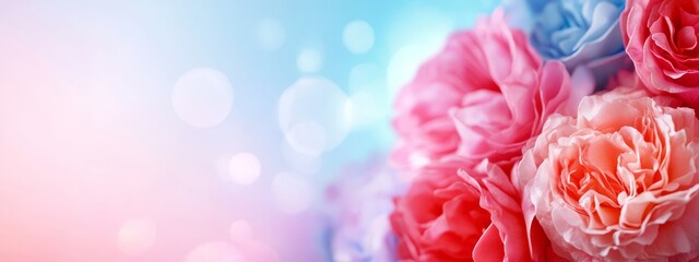 Fototapeta premium A scene with numerous pink and blue blooms against a soft blue-pink backdrop, subtly blurred bokeh of light