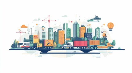 Obraz premium A flat design showcasing the optimization of global transportation flows and logistics through the use of technology data analytics and strategic planning in the supply chain industry