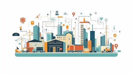 Obraz premium Efficient Logistics Network with Interconnected Warehouses and Transport Links Flat Design Showcasing the Flow of Goods Data Analytics and Supply Chain Management