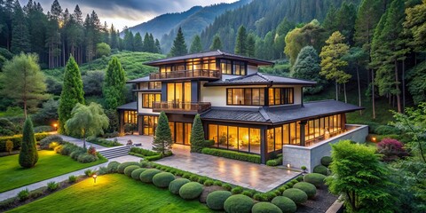 Obraz premium Serene monastery-inspired contemporary home blends seamlessly into lush green forest surroundings
