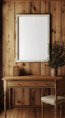 Cozy and Warm Home Office with Vintage Wooden Desk,Wall Paneling,and a Minimalist White Frame Mockup for Artwork or Picture Display