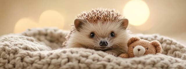 Fototapeta premium A hedgehog atop a blanket holds a stuffed toy in its lap, gazing at the camera