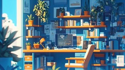 Blue and Orange Home Office with Sunlit Window
