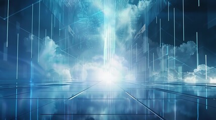 Obraz premium Futuristic Vision: Blue Sky, Floating Digital Elements, and Illuminated Sci-Fi Scene with Central Space for Customization