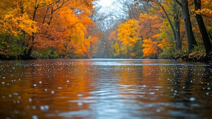 Scenic river view with vibrant autumn foliage reflecting on calm waters in a tranquil setting