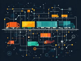 Naklejka premium Interconnected Transportation and Logistics Network with Flat Design Depicting Supply Chain Nodes and Connections for Efficient Cargo Delivery and Distribution