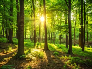 Obraz premium Warm sunlight filters through towering trees, casting dappled shadows on the forest floor, illuminating a serene and vibrant natural landscape of green foliage and brown trunks.