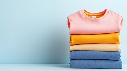 A colorful arrangement of neatly folded t-shirts in vibrant hues against a soft blue background.