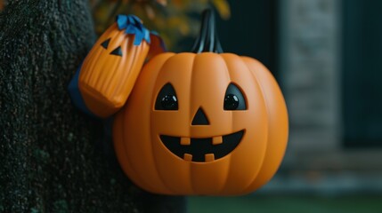 Playful and Spooky Halloween Pumpkin Character with Trick-or-Treat Bag in Cartoon Style Peeking from Tree on Halloween Night with Copy Space
