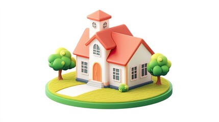 Cartoon 3D Illustration of a Small House with a Red Roof and Green Trees on a Circular Base.