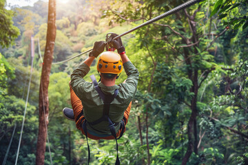 Young man ziplines through the forest. Jungle adventure