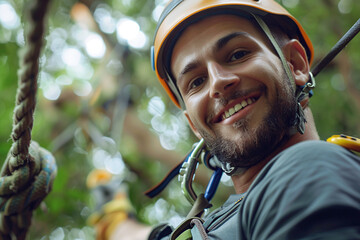 Young man ziplines through the forest. Jungle adventure