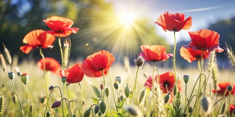 Vibrant red poppies sway rhythmically in the gentle breeze, their delicate petals dancing among softly defined shadows on a serene summer afternoon landscape.