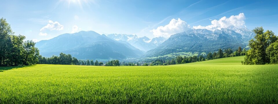  A lush green field with trees in the foreground and mountains and a bright blue sky with clouds overhead