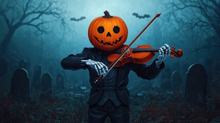 Eerie Halloween Night: Pumpkinheaded Skeleton Playing Violin in Foggy Graveyard - Cartoon Spooky Scene with Copy Space