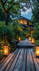 Obraz premium A wooden walkway winds through a lush garden, softly lit by glowing lanterns, inviting evening strolls under the twilight sky