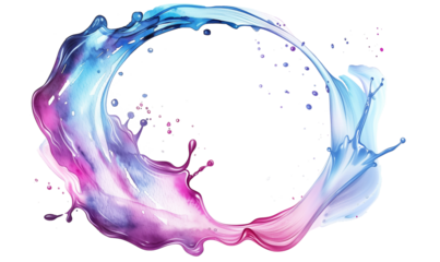 A vibrant watercolor illustration of a colorful splash forming a swirling frame in shades of blue, pink, and purple, isolated on a white background
