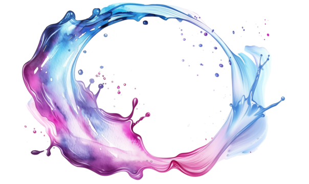 A vibrant watercolor illustration of a colorful splash forming a swirling frame in shades of blue, pink, and purple, isolated on a white background