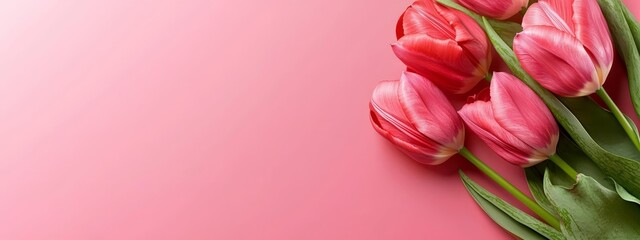 Obraz premium A pink backdrop features a cluster of pink tulips with vibrant green leaves Text or image insertion area provided