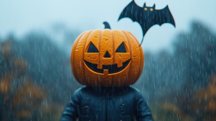 Naklejka premium Whimsical Cartoon Pumpkin Character Flying Bat Kite in Foggy Halloween Field - Fun with Copy Space