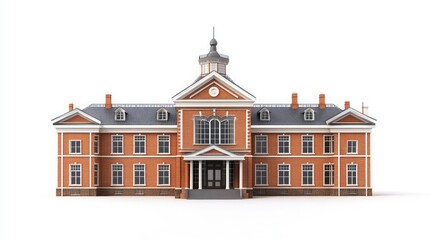 Naklejka premium Classic brick building with a gray roof, white trim, and numerous windows, isolated on a white background.