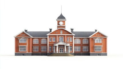 Fototapeta premium Classic red brick building with a clock tower and a set of stairs on a white background.