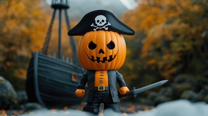 Playful Halloween Adventure with Cartoon Pirate Pumpkin on Ghost Ship - Spooky and Fun Scene with Copy Space
