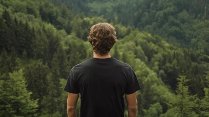 Naklejka premium mock up of a man wearing a plain black t-shirt from behind, with a background of mountain forest with trees during the day...