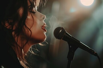 Young woman singing song with microphone in studio