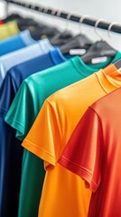 Obraz premium Colorful assortment of t-shirts hanging on a rack, showcasing vibrant hues perfect for casual wear or sports activities.