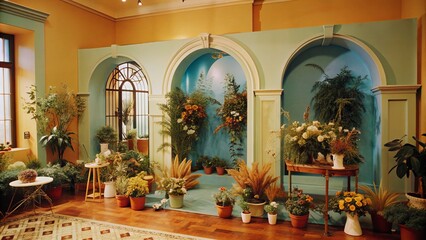 Soft pastel hues and lush greenery adorn a serene blue-walled room with decorative planters and a beautiful arched frame, perfect for product showcase or elegant photography.