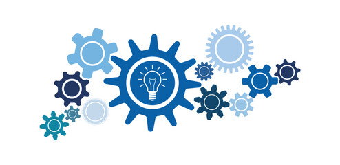 Blue color round business gears set vector graphic with lightbulb. Cogs set illustration to use for technology, business procedure, mechanics, engineering projects. 