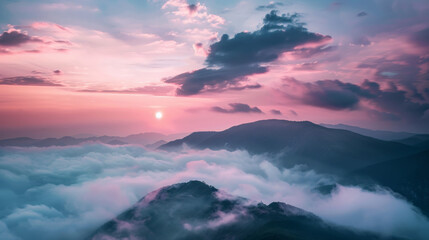 Obraz premium Pink Clouds Over Mountain at Sunrise 